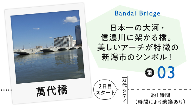 【03　萬代橋】日本一の大河、信濃川に架かる橋。美しいアーチが特徴の新潟市のシンボル！