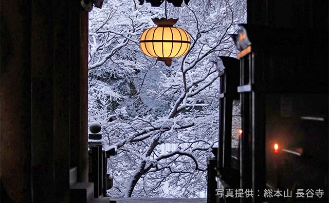 花の御寺　総本山 長谷寺　雪と吊灯籠