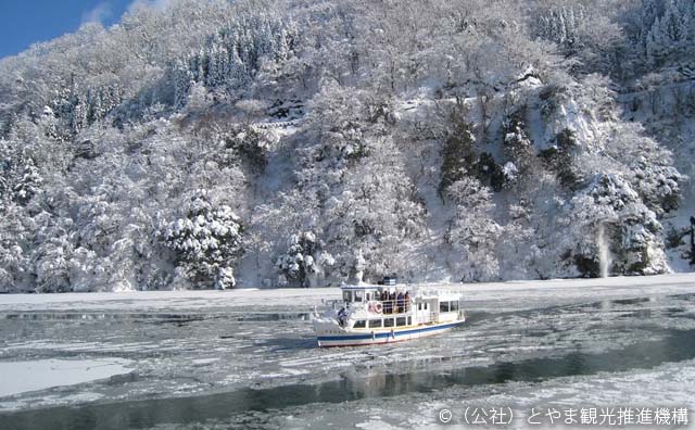 庄川峡遊覧船”ヤマブキ”と雪山