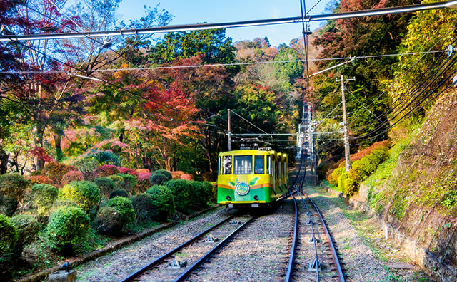 紅葉の高尾山を登るケーブルカーのイメージ