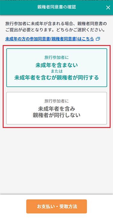 親権者同意書の有無のチェックを選択。