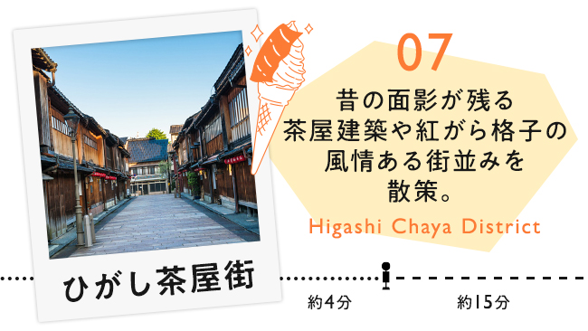 【07　ひがし茶屋街】昔の面影が残る茶屋建築や紅がら格子の風情ある街並みを散策。