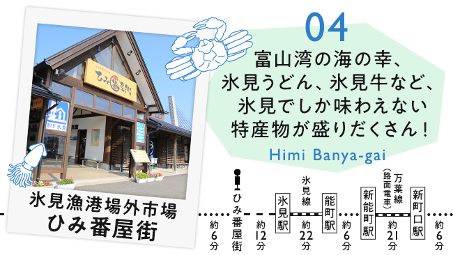 【04　氷見漁港場外市場　ひみ番屋街】富山湾の海の幸、氷見うどん、氷見牛など、氷見でしか味わえない特産物が盛りだくさん！