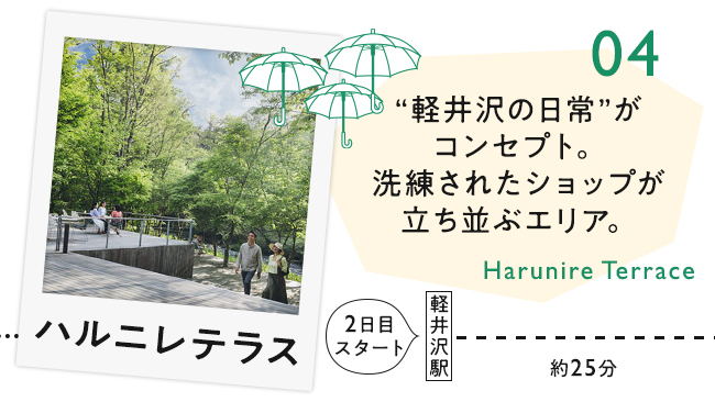 【04　ハルニレテラス】“軽井沢の日常”がコンセプト。洗練されたショップが立ち並ぶエリア。