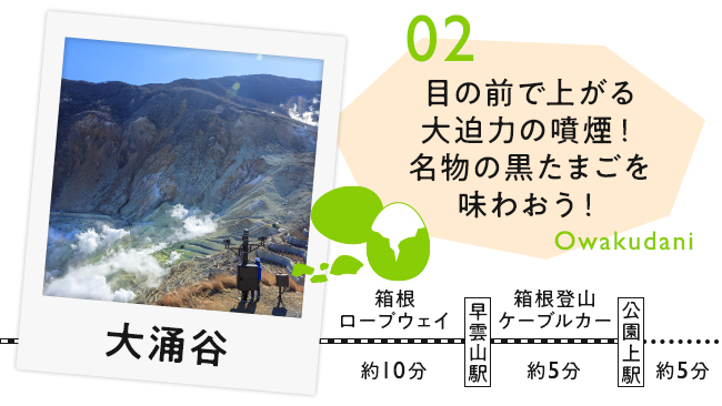 【02　大涌谷】目の前で上がる大迫力の噴煙!名物の黒たまごを味わおう！