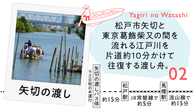 【02　矢切の渡し】松戸市矢切と東京葛飾柴又の間を流れる江戸川を片道約10分かけて往復する渡し舟。