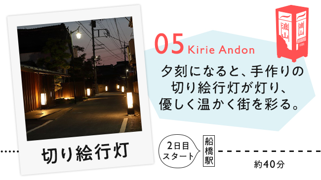 【05　切り絵行灯】夕刻になると、手作りの切り絵行灯が灯り、優しく温かく街を彩る。