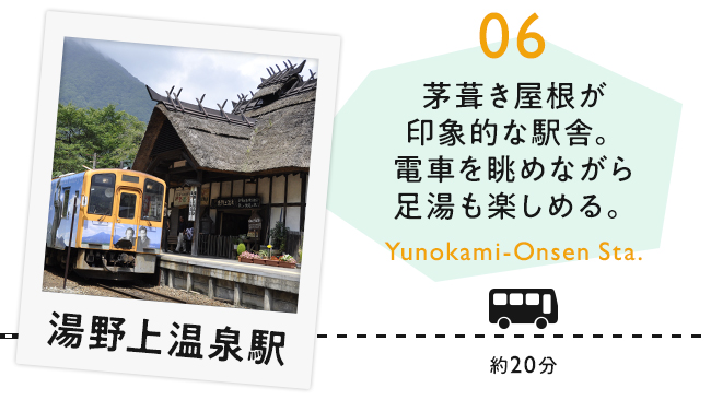 【06　湯野上温泉駅】茅葺き屋根が印象的な駅舎。電車を眺めながら足湯も楽しめる。