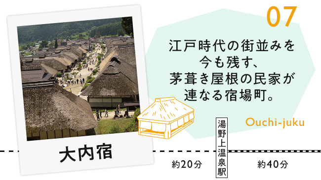 【07　大内宿】江戸時代の街並みを今も残す、茅葺き屋根の民家が連なる宿場町。